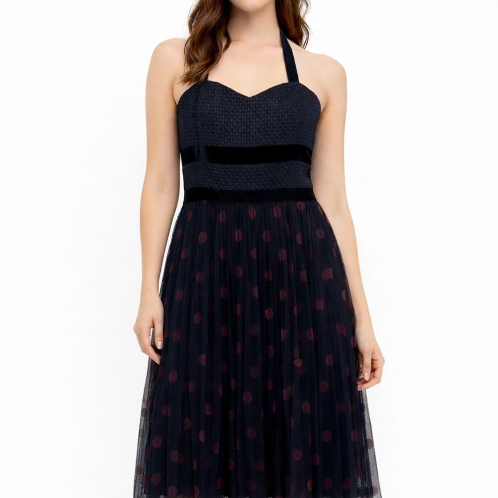 Betsey Johnson Vintage Navy Blue Polka Dot Halter Dress Velvet Size 6 Party